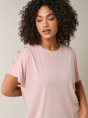 Evans Pink Crochet Shoulder Modal Rich T-Shirt - Image 4 of 4