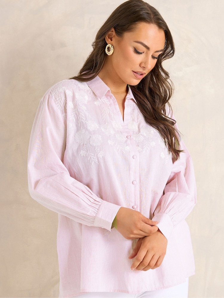 Evans Pink Stripe Embroidered Blouse - Image 1 of 5
