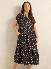 Evans Brown Tiered Slub Cotton Dress - Image 1 of 5