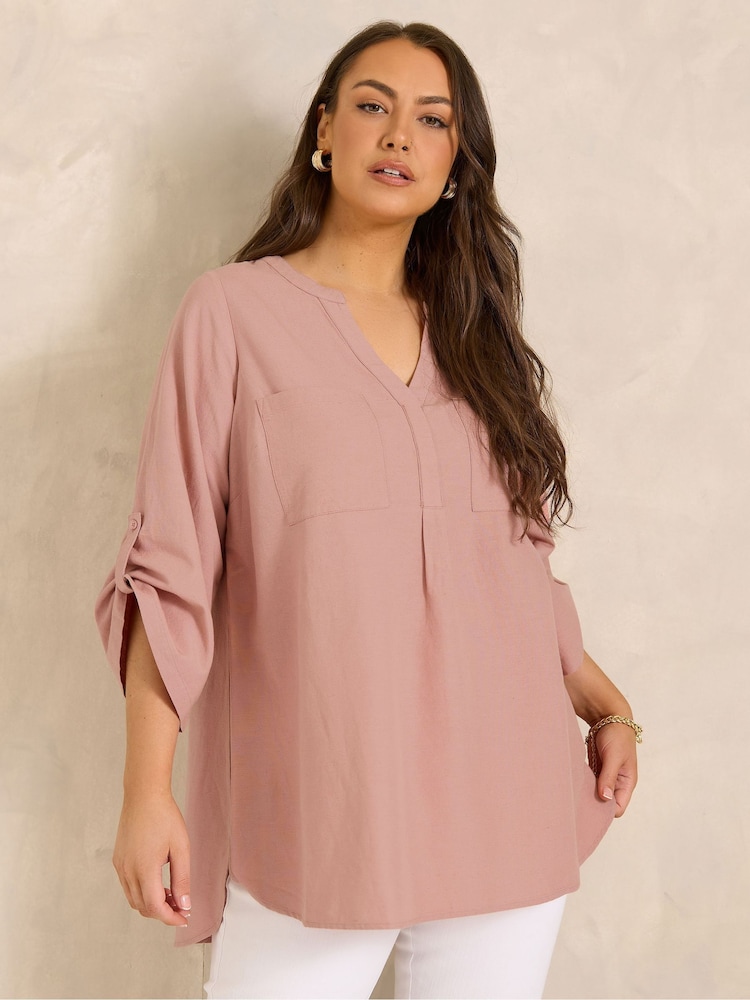 Evans Pink Linen Blend Collared Overhead Shirt - Image 1 of 5 Evans Pink Linen Blend Collared Overhead Shirt - Image 1 of 5