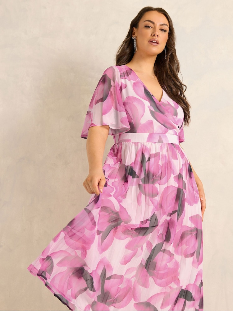 Evans Pink Pleated Angel Sleeve Dress - Image 1 of 5 Evans Pink Pleated Angel Sleeve Dress - Image 1 of 5