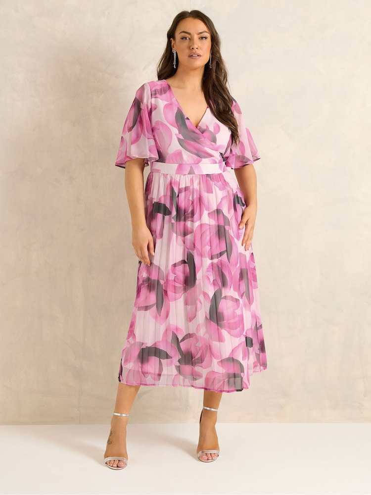 Evans Pink Pleated Angel Sleeve Dress - Image 2 of 5 Evans Pink Pleated Angel Sleeve Dress - Image 2 of 5