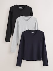 Brown/Navy/Grey V-Neck Long Sleeve T-Shirts 3 Pack - Image 1 of 6