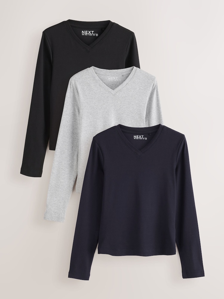 Brown/Navy/Grey V-Neck Long Sleeve T-Shirts 3 Pack - Image 1 of 6 Brown/Navy/Grey V-Neck Long Sleeve T-Shirts 3 Pack - Image 1 of 6