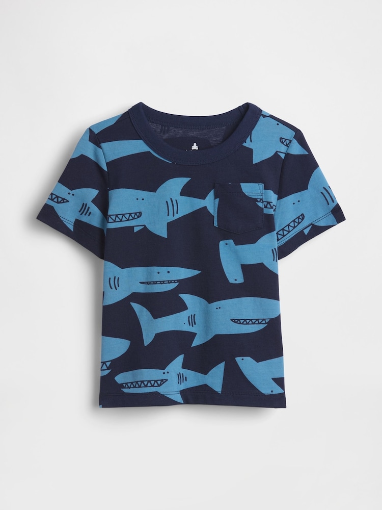 Gap Navy Shark Print Pocket Short Sleeve T-Shirt (6mths-5yrs) - Image 1 of 2