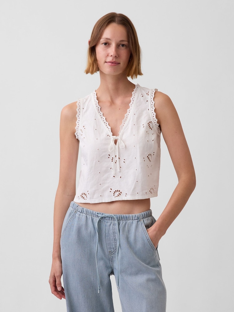 Gap White Linen-Blend Embroidered Crop Shell Vest - Image 1 of 4