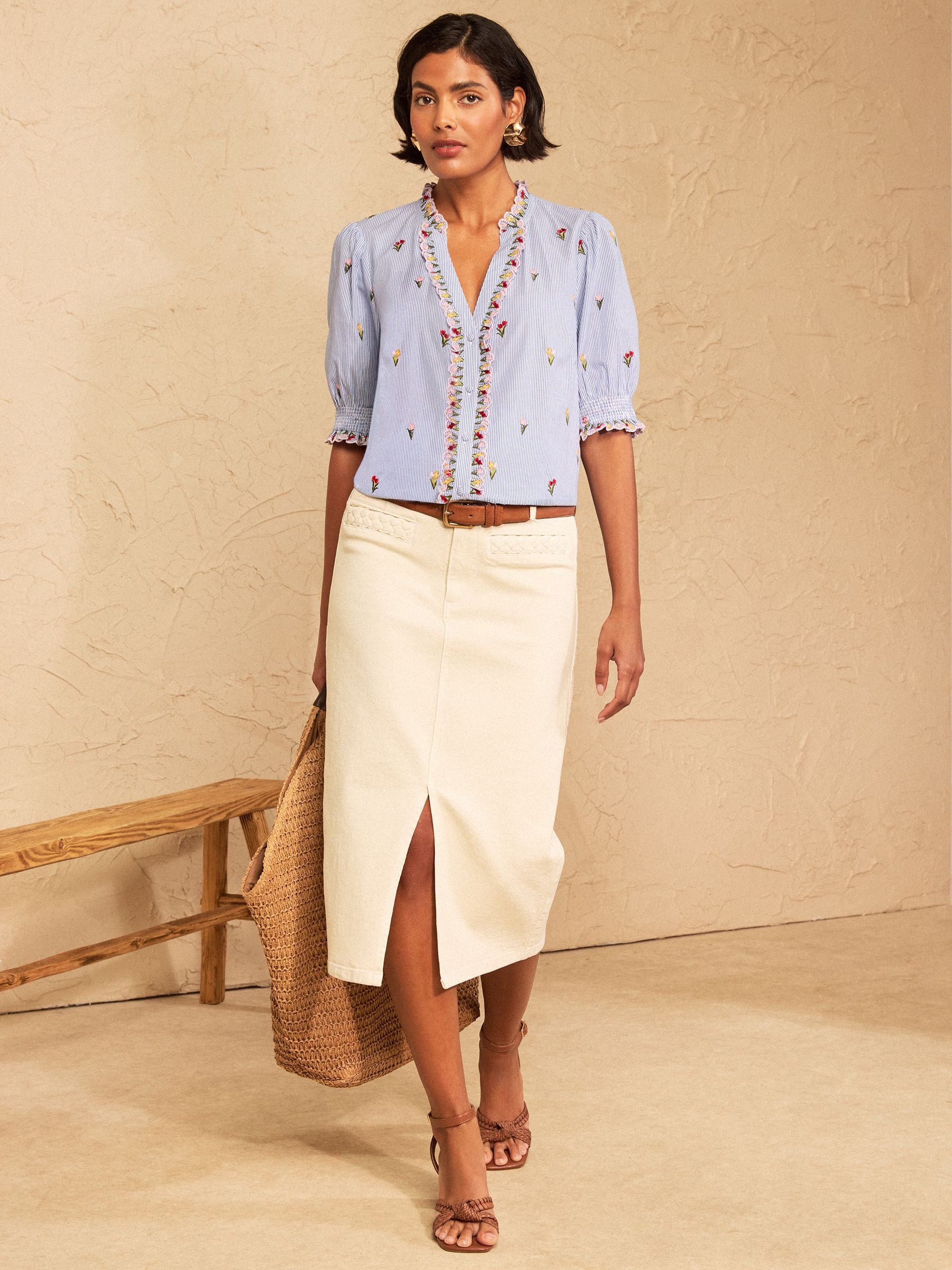 Buy Love & Roses Blue Stripe Embroidered Tulip Yoke Detail Blouse