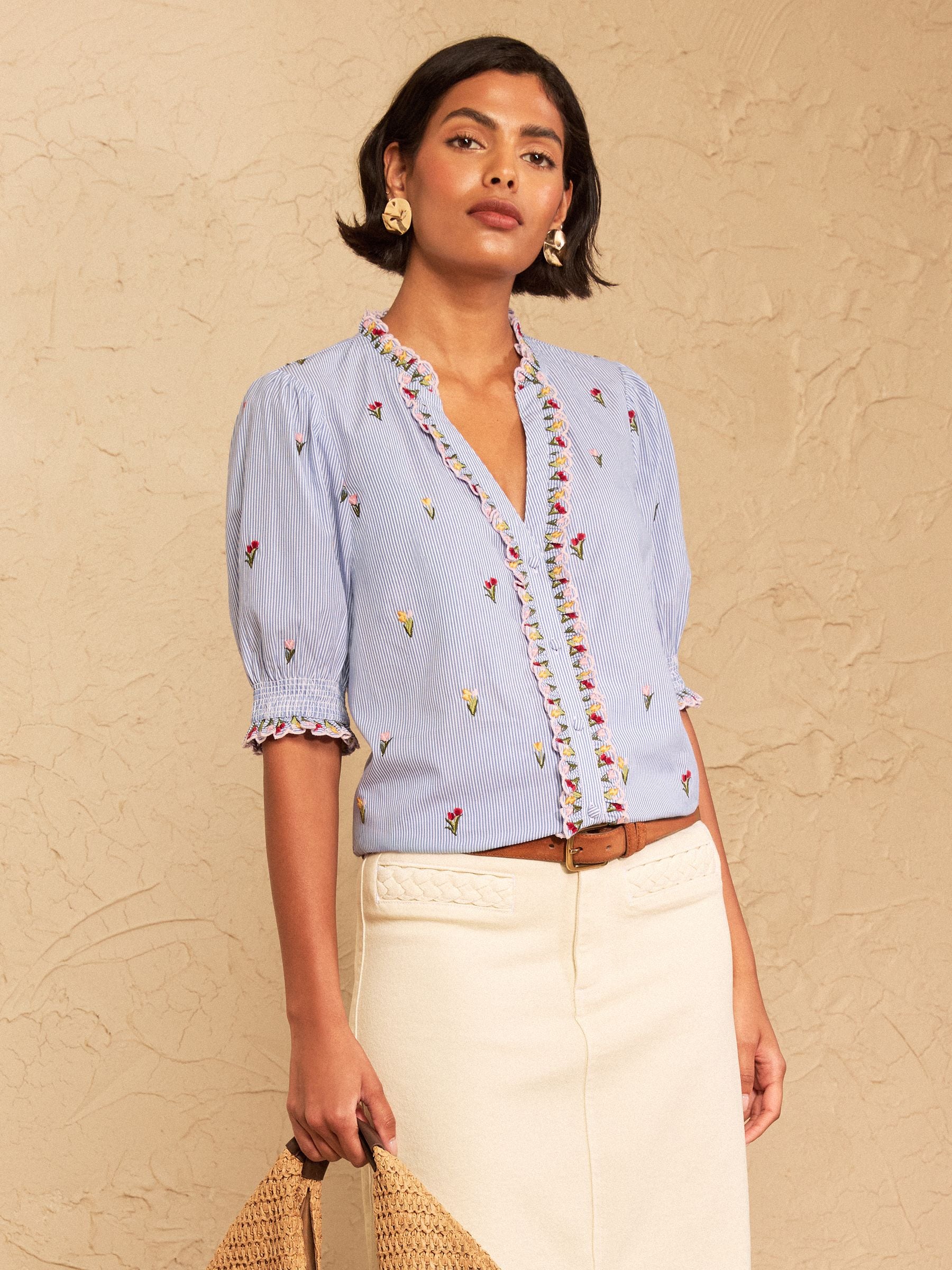 heve スウェットTulip sleeve bonding blouse Buy Love & Roses Blue Stripe Embroidered Tulip Yoke Detail Blouse