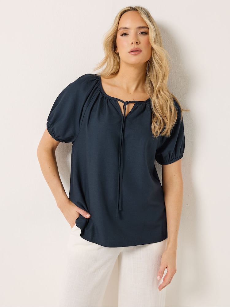 Long Tall Sally Blue Short Sleeve Boho Linen Blend Top - Image 1 of 6