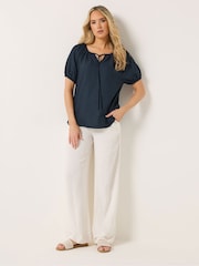Long Tall Sally Blue Short Sleeve Boho Linen Blend Top - Image 5 of 6
