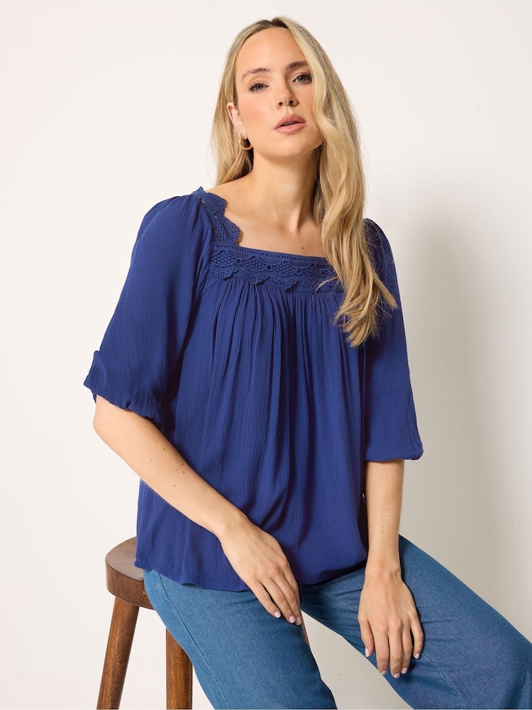 Long Tall Sally Blue Lace Square Neck Crinkle Top - Image 1 of 5