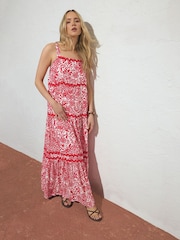 Long Tall Sally Red Floral Strappy Ric Rac Maxi Dress - Image 4 of 6