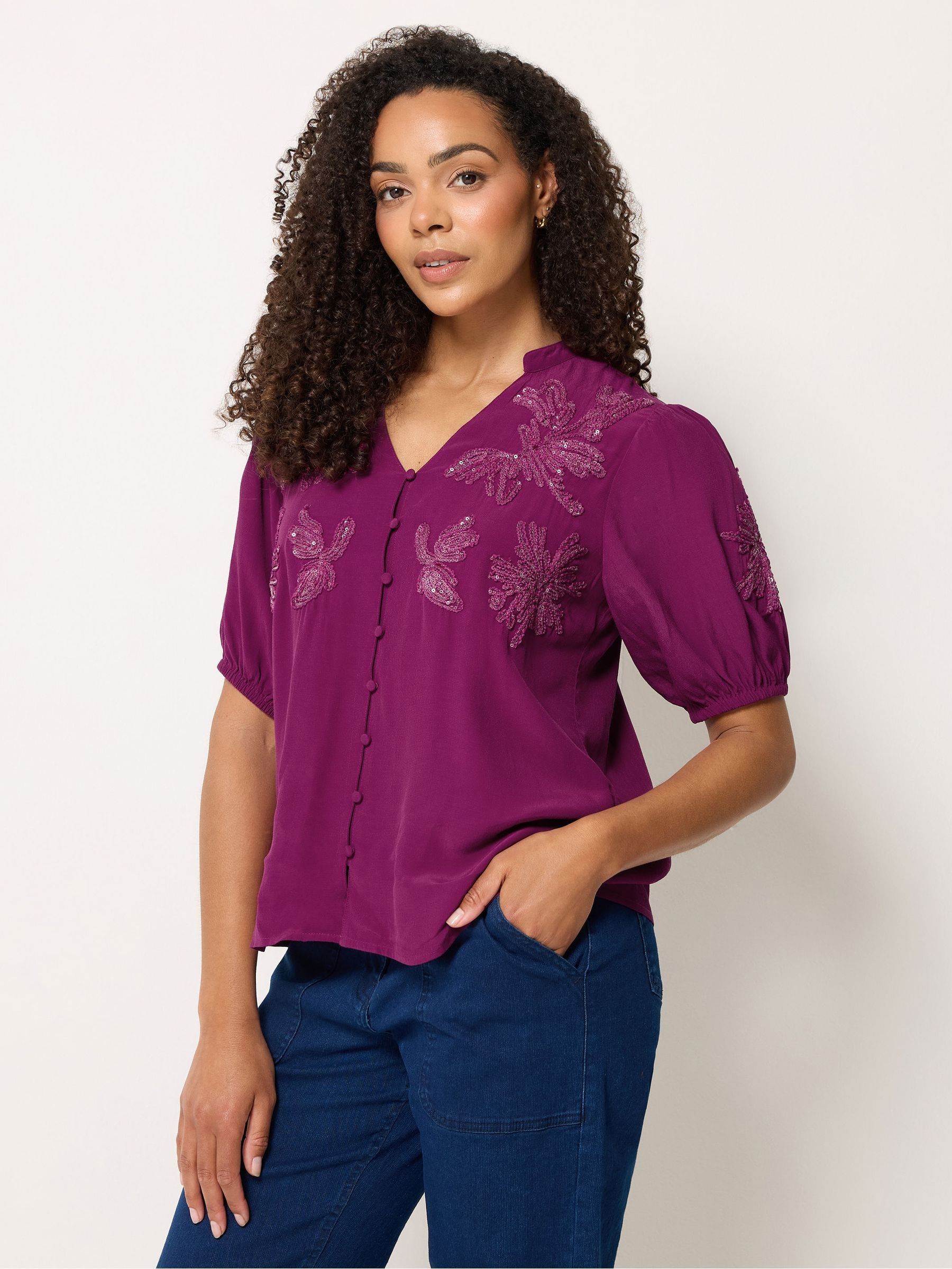 M & Co Women's Purple Short Sleeve Embellished Blouse