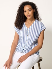 M&Co Blue Stripe Striped Short Sleeve Button Blouse - Image 1 of 2
