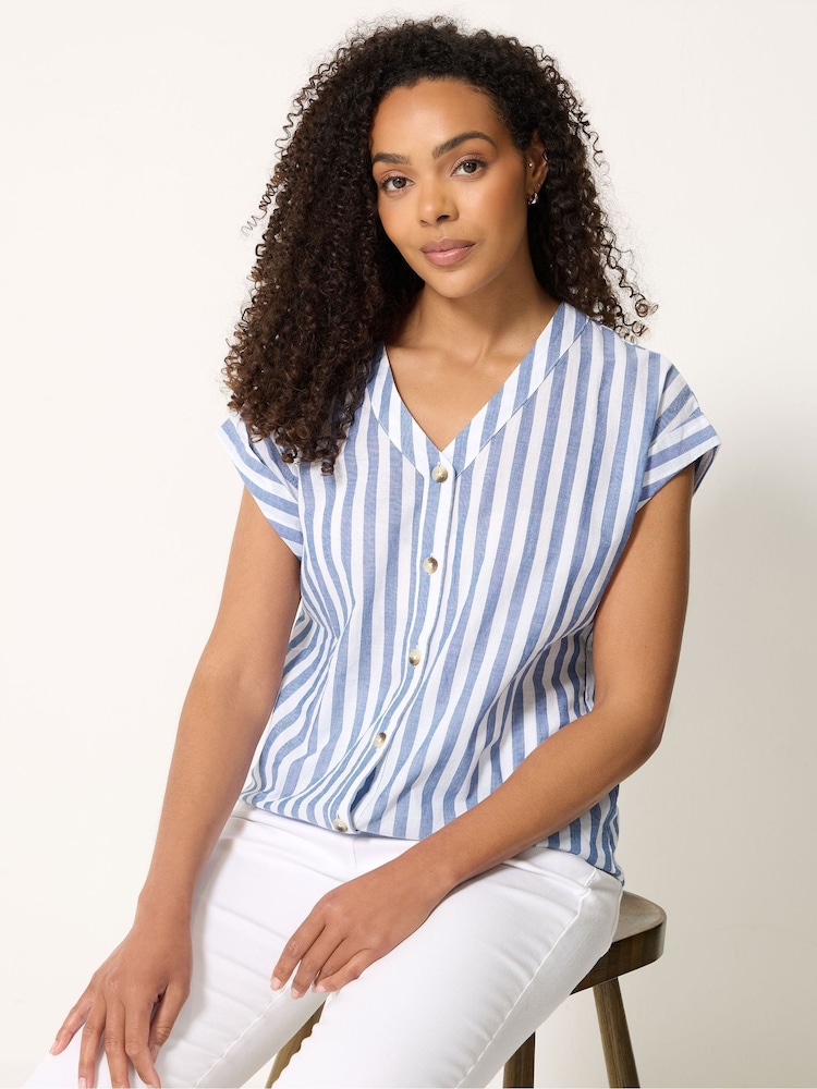 M&Co Blue Stripe Striped Short Sleeve Button Blouse - Image 1 of 2