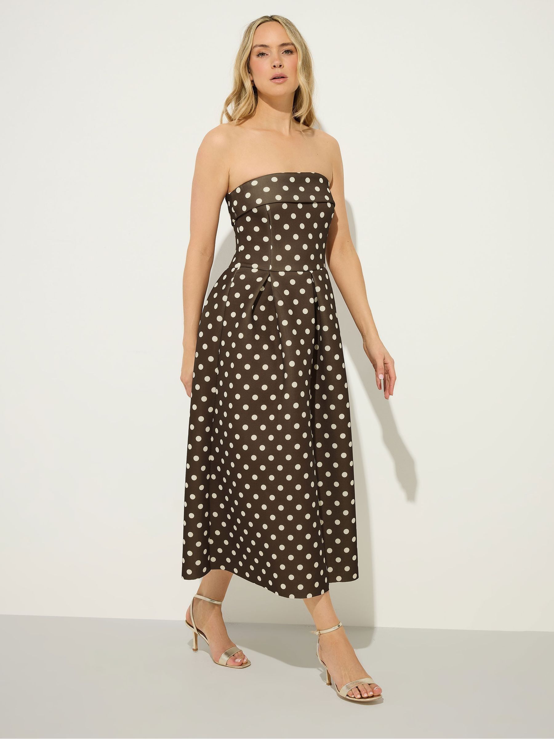 Buy Long Tall Sally Brown Polka Dot Pleated Bardot Dress from Next USA