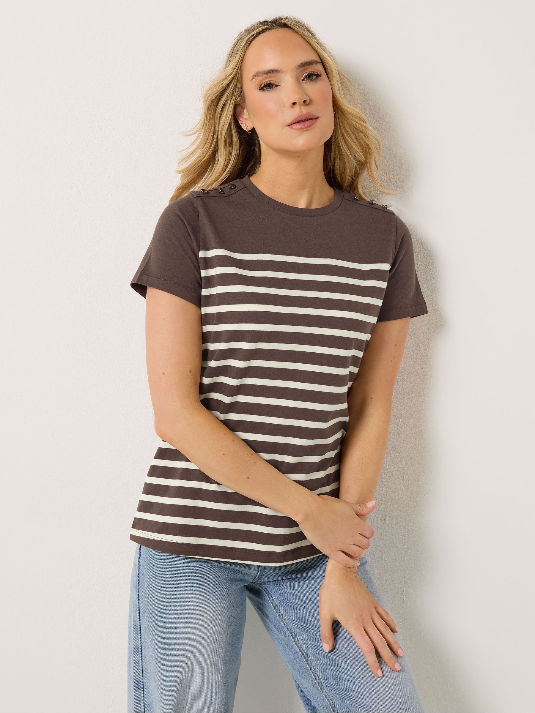 Long Tall Sally Women's Chocolate Tall Stripe Button T-Shirt In | Size: 20 - Image 2
