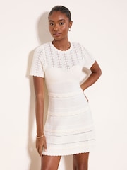 Lipsy Ivory Crochet Pointelle Scallop Detail Short Sleeve Mini Knitted Dress - Image 2 of 4