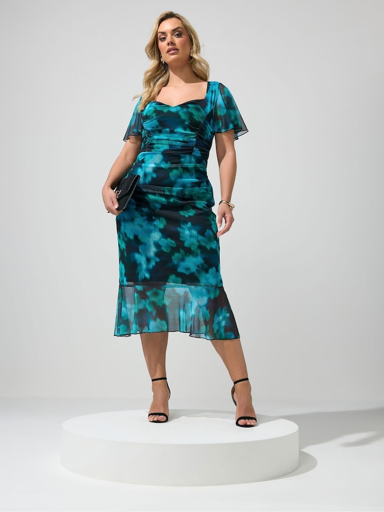 Yours Curve Blue London Blur Print Gathered Dress - Image 1 of 5