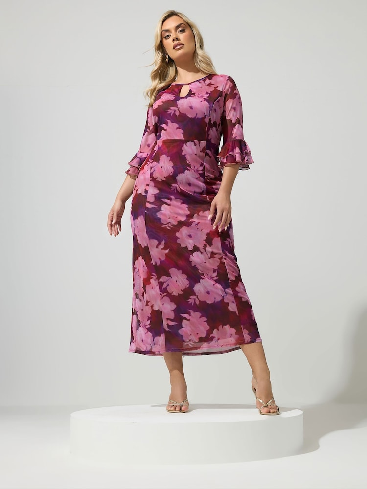 Yours Curve Red London Floral Mesh Keyhole Dress - Image 1 of 5 Yours Curve Red London Floral Mesh Keyhole Dress - Image 1 of 5