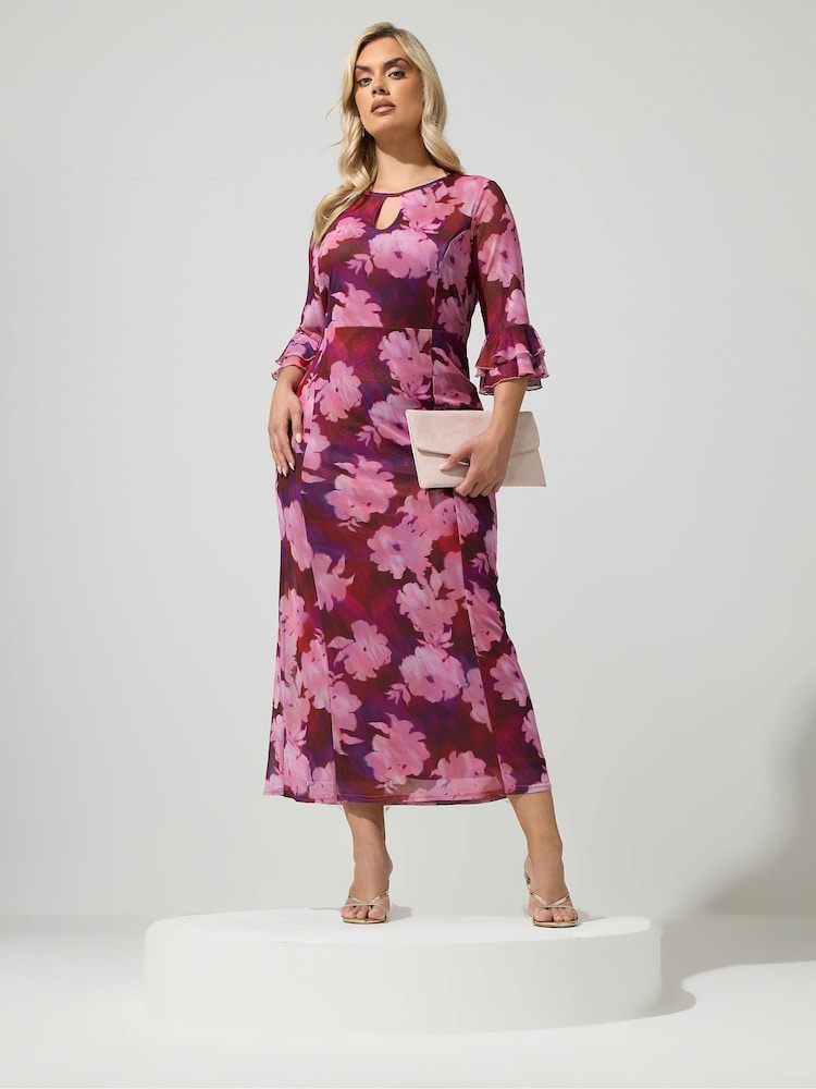 Yours Curve Red London Floral Mesh Keyhole Dress - Image 2 of 5 Yours Curve Red London Floral Mesh Keyhole Dress - Image 2 of 5