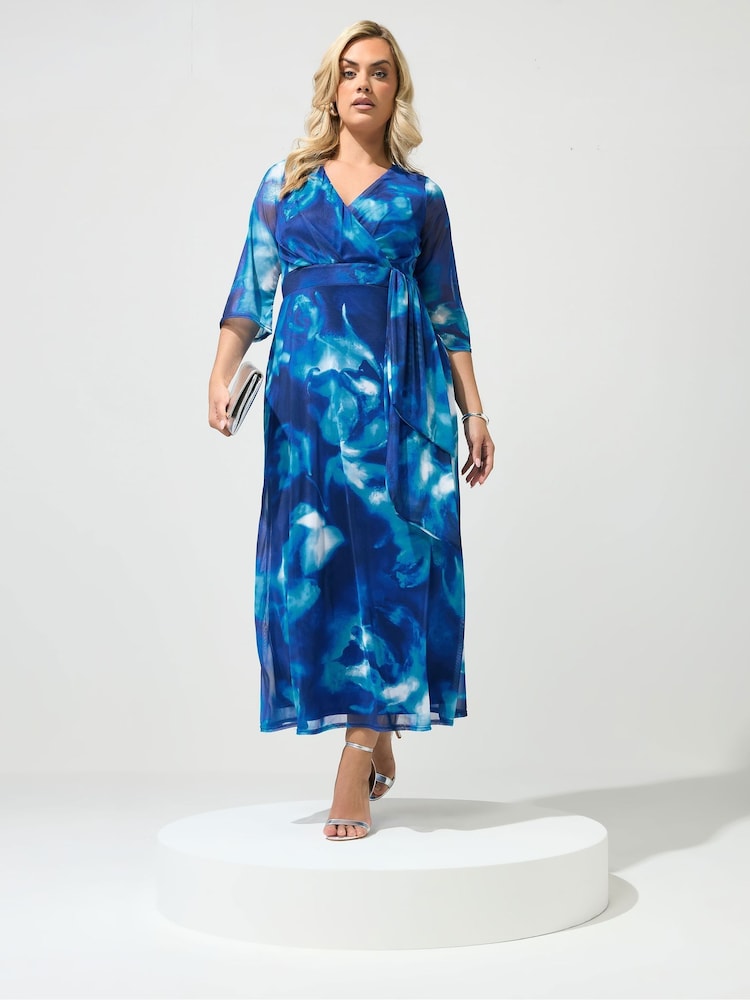 Yours Curve Blue London Mesh Wrap Dress - Image 1 of 5 Yours Curve Blue London Mesh Wrap Dress - Image 1 of 5