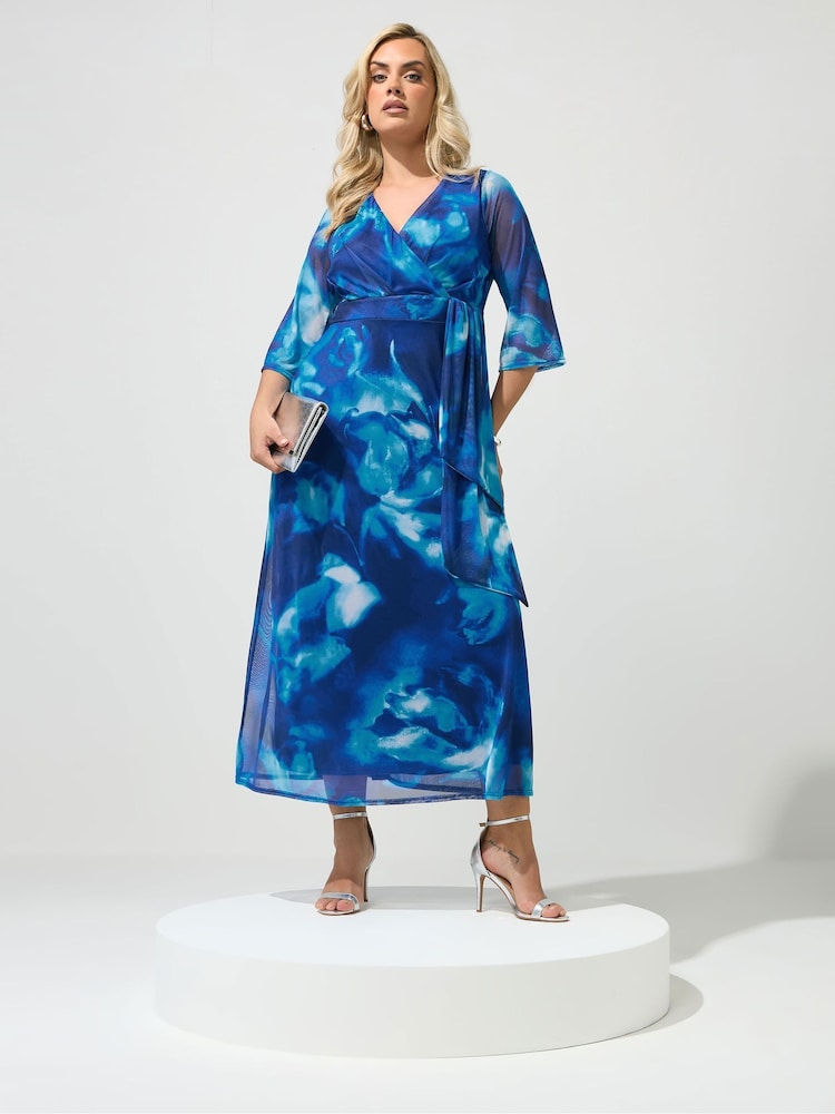 Yours Curve Blue London Mesh Wrap Dress - Image 2 of 5 Yours Curve Blue London Mesh Wrap Dress - Image 2 of 5