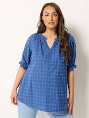 Yours Curve Blue Frill Neck Top - Image 1 of 5