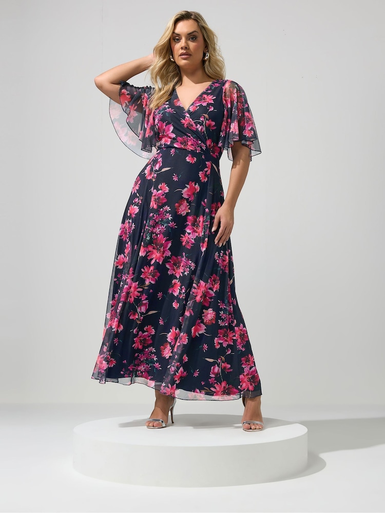 Yours Curve Blue London Angel Sleeve Mesh Maxi Dress - Image 1 of 5 Yours Curve Blue London Angel Sleeve Mesh Maxi Dress - Image 1 of 5