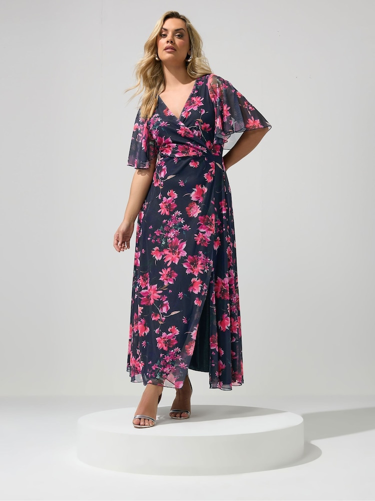 Yours Curve Blue London Angel Sleeve Mesh Maxi Dress - Image 2 of 5 Yours Curve Blue London Angel Sleeve Mesh Maxi Dress - Image 2 of 5