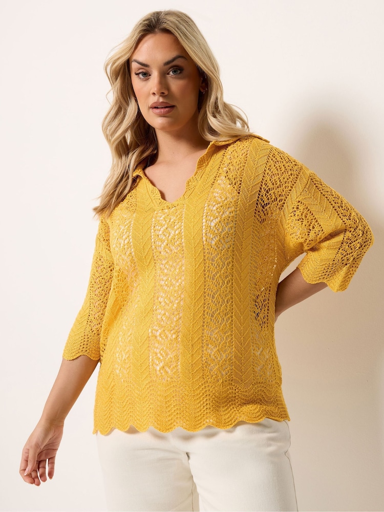 Yours Curve Yellow Knitted Collar Pointelle T-Shirt - Image 1 of 4