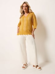 Yours Curve Yellow Knitted Collar Pointelle T-Shirt - Image 3 of 4