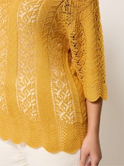 Yours Curve Yellow Knitted Collar Pointelle T-Shirt - Image 4 of 4