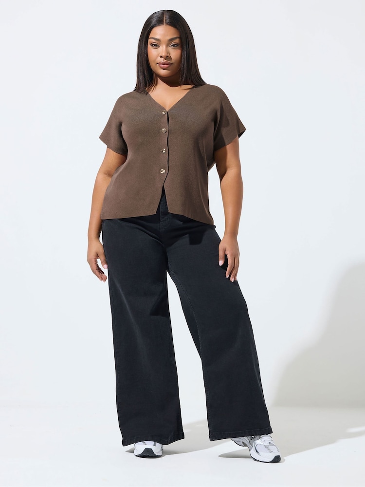 Yours Curve Brown Limited Short Sleeve Knitted Top - Image 1 of 4