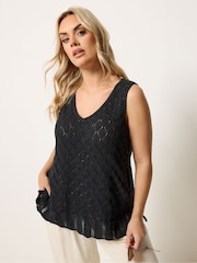 Yours Curve Black Pointelle Knitted Vest Top - Image 1 of 5