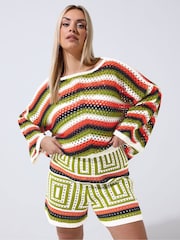 Yours Curve Green Limited Zig Zag Crochet Co-ord Shorts - Image 1 of 5