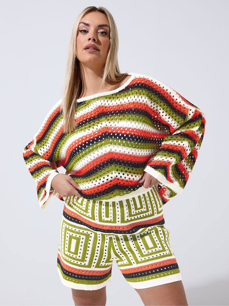 Yours Curve Green Limited Zig Zag Crochet Co-ord Shorts - Image 1 of 5