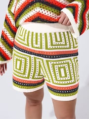 Yours Curve Green Limited Zig Zag Crochet Co-ord Shorts - Image 4 of 5
