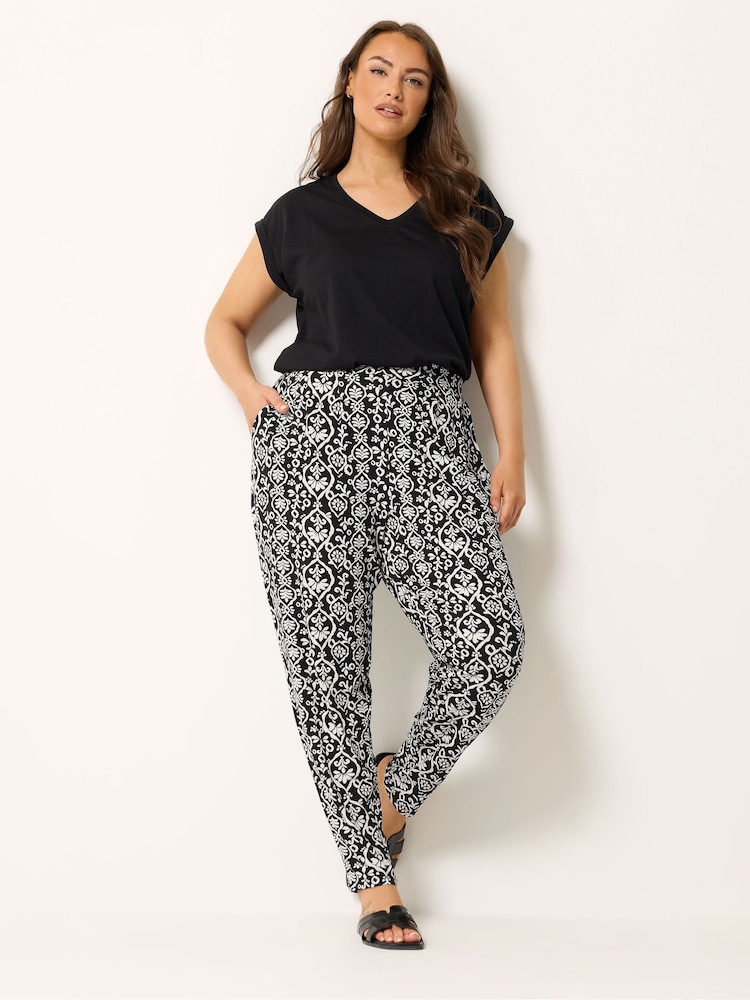 Yours Curve Black Ikat Double Pleated Hareem Trousers - Image 2 of 5 Yours Curve Black Ikat Double Pleated Hareem Trousers - Image 2 of 5