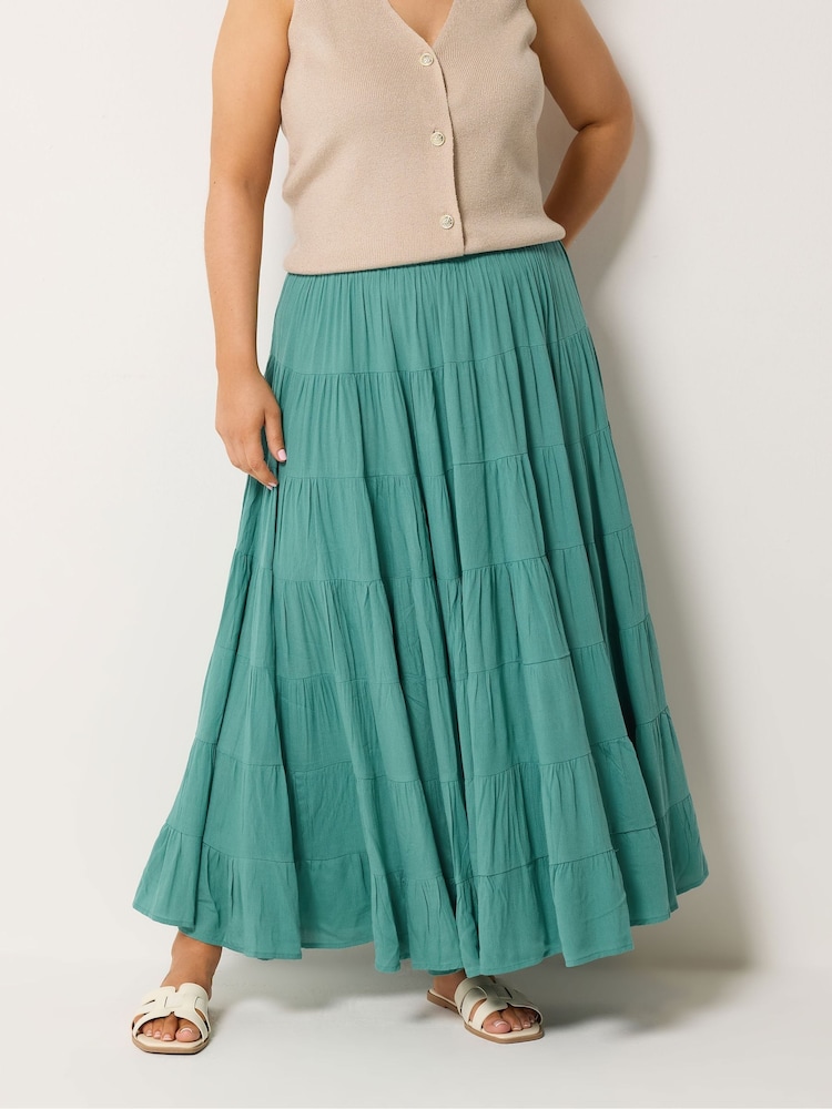 Yours Curve Green Crinkle Tiered Maxi Skirt - Image 1 of 5