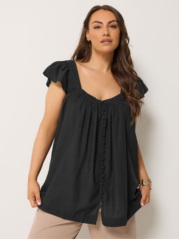 Yours Curve Black Linen Blend Cap Sleeve Top - Image 1 of 4