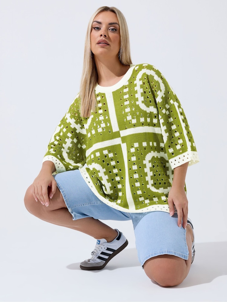 Yours Curve Green Limited Crochet Boxy Top - Image 1 of 6