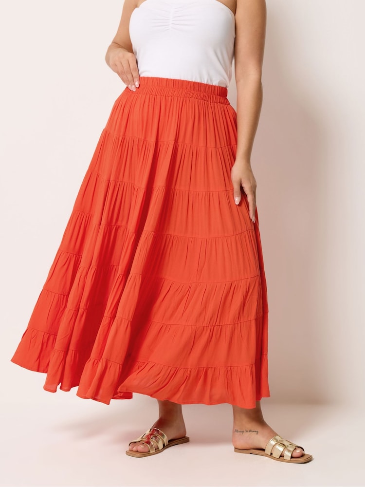 Yours Curve Red Crinkle Tiered Maxi Skirt - Image 1 of 5
