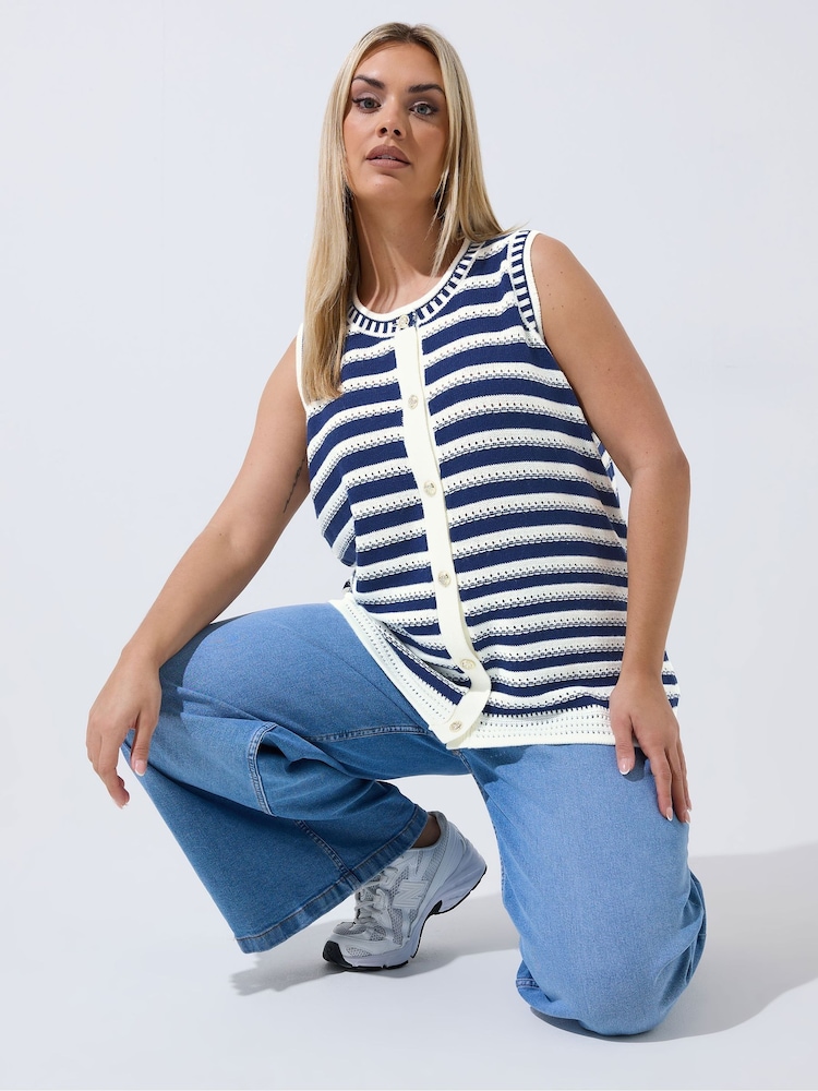 Yours Curve Blue Limited Stripe Button Waistcoat - Image 1 of 6