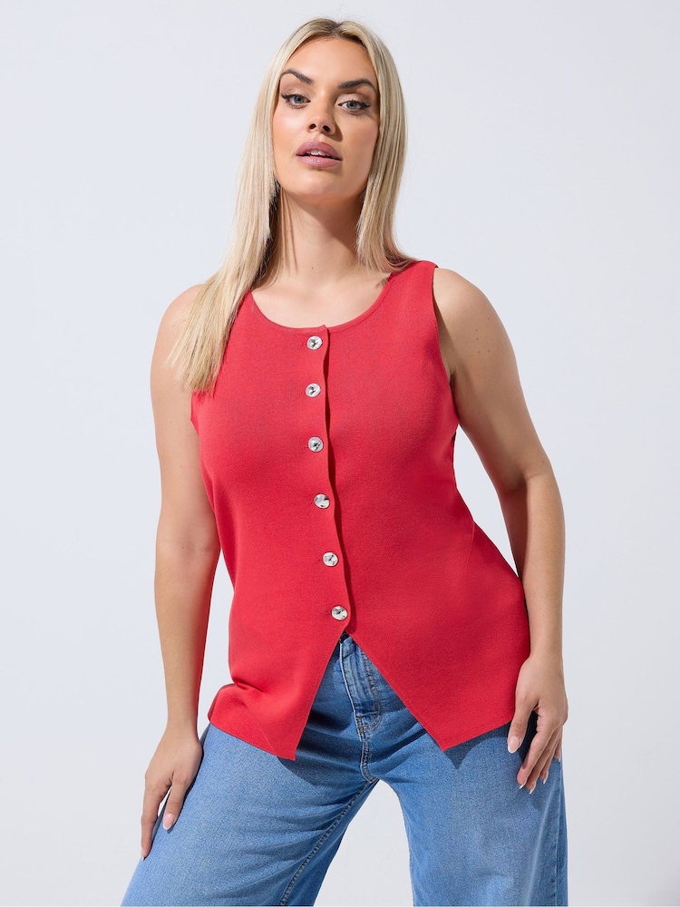 Yours Curve Red Limited Knitted Peplum Waistcoat - Image 1 of 5 Yours Curve Red Limited Knitted Peplum Waistcoat - Image 1 of 5