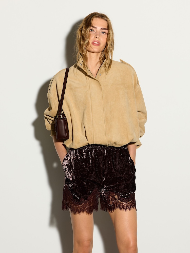 Chocolate Brown Velvet Shorts With Lace Trim - Image 1 of 8 Chocolate Brown Velvet Shorts With Lace Trim - Image 1 of 8