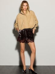 Chocolate Brown Velvet Shorts With Lace Trim - Image 2 of 8