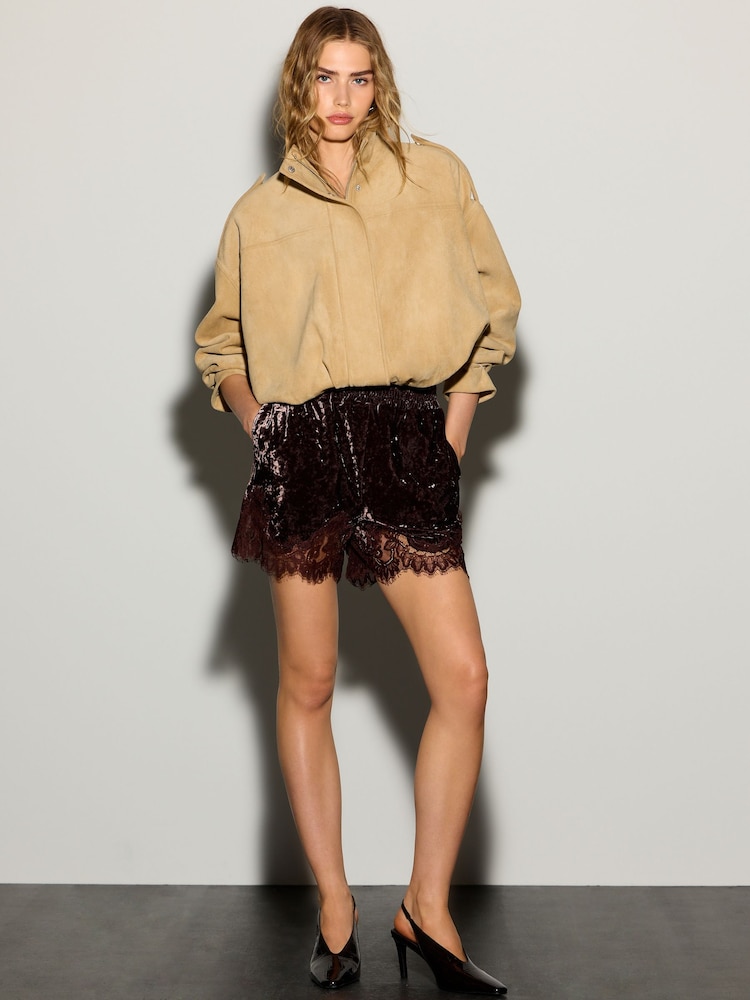 Chocolate Brown Velvet Shorts With Lace Trim - Image 2 of 8 Chocolate Brown Velvet Shorts With Lace Trim - Image 2 of 8