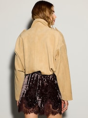 Chocolate Brown Velvet Shorts With Lace Trim - Image 4 of 8