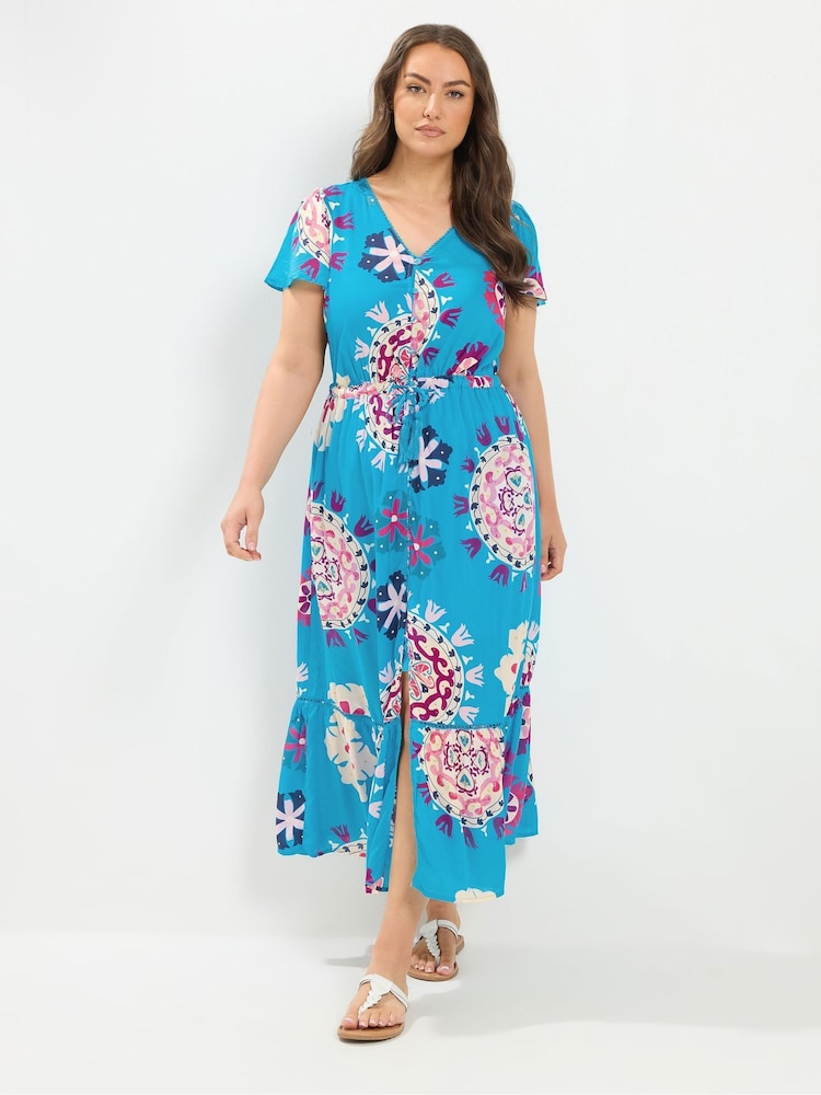 Yours Curve Blue Block Print Angel Sleeve Dress - Image 1 of 6 Yours Curve Blue Block Print Angel Sleeve Dress - Image 1 of 6
